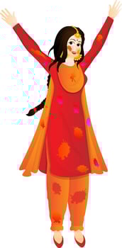 Happy girl character enjoying holi festival. vector