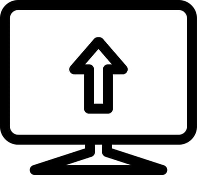 Upload or location arrow on computer screen icon in black line art. vector