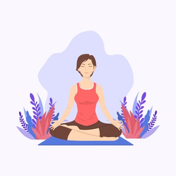 Woman meditating in nature and leaves. Concept illustration for yoga, meditation, relax, recreation, healthy lifestyle. Vector illustration in flat cartoon style
