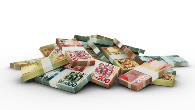 3D rendering of Stacks of Ghanaian Cedi notes png