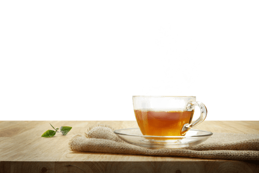 Warm cup of tea and tea leaf on the wooden table with transparent background png