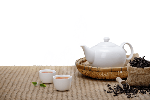 Tea cup with with steaming teapot on the wooden desk with transparent background png, Japanese style png