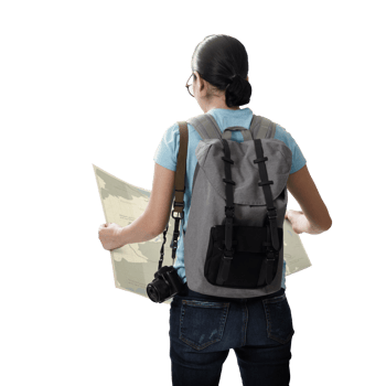 Travelling tourist with her backpack look searching direction on location map transparent background png, Adventure and travel in the mountains region concept png