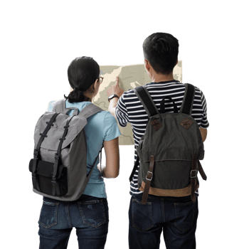 Travelers couple with the backpack look searching direction on location map transparent background png, Adventure and travel concept png