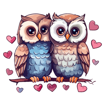 Cute owls in love modern pop art style, Colorful owls in love pastel cute colors, . png