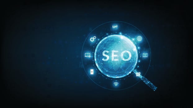 SEO Search Engine Optimization. Internet technology for business companies. Search engine optimization SEO concept on dark blue background. vector