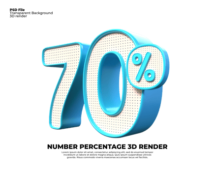 3D number 70 percent discount render PNG color blue