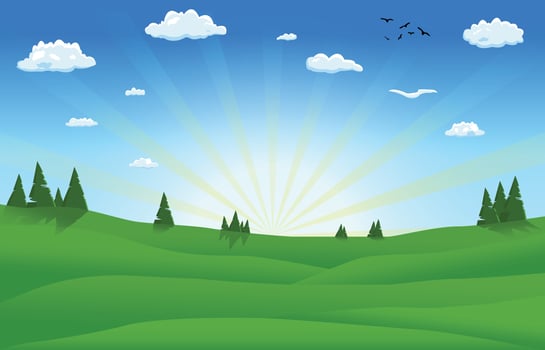 Sunset cartoon background with landscape area, trees, sun burst, clouds, sky vector
