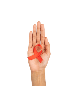 Palm hand holding awareness red ribbon isolated png