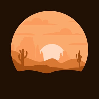 desert landscape with cactus, hills and mountains silhouettes, vector nature horizontal background