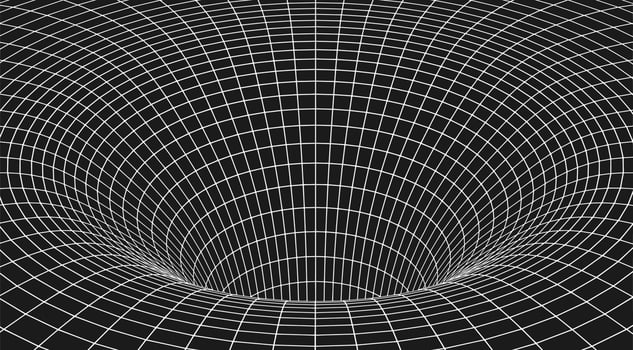 White wireframe wormhole tunnel, black background vector