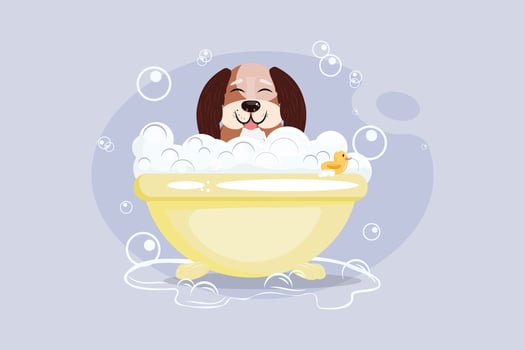 Beautiful cartoon illustration with dog taking a bath in yellow bathtub on purple background. Grooming, washing, pet care, pet salon concept illustration with an adorable puppy. vector
