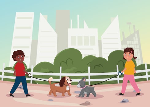 Boy and girl walking their dogs outdoor in the city park. Friends meeting each other in the park and waking their dogs. Care, friendship, love, leisure concept illustration. vector