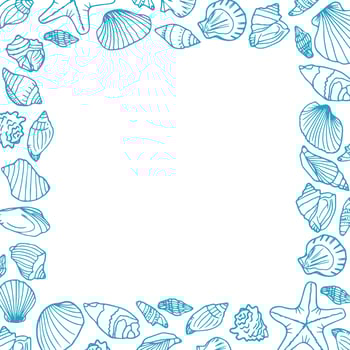 Vector square frame, border of doodle tropical sea elements, seashells, starfish. Hand drawn marine life. Sea decor for card, design. Ocean, sea creatures. Maritime illustration