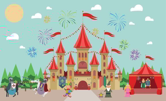 Medieval Castle with characters and fireworks. King, princess, magician, knights and jester. Vector illustration.