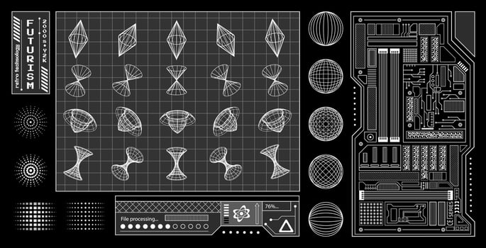 Trendy set of Y2K retro futurism elements, 3d wireframe models, technology details, windows, dimensional graphic design shapes. vector