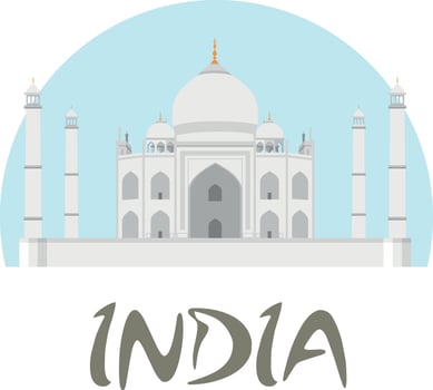 Travel India badge. Taj Mahal vector illustration with white and blue background and text India.