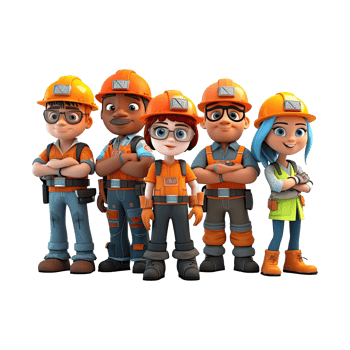 3D cartoon engineer team. Group of engineer on transparent background. png