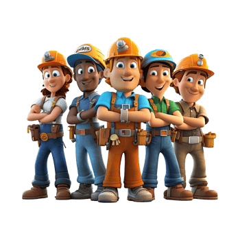 3D cartoon engineer team. Group of engineer on transparent background. png
