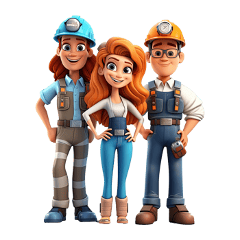 3D cartoon engineer team. Group of engineer on transparent background. png