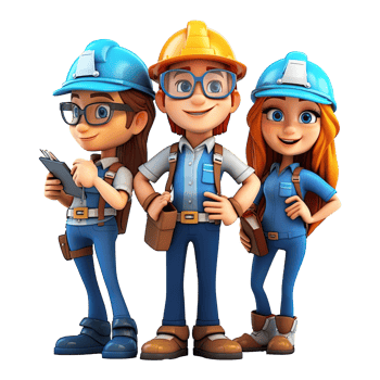 3D cartoon engineer team. Group of engineer on transparent background. png