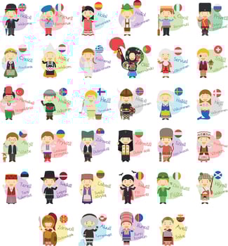 Vector illustration set of cartoon characters saying hello and welcom in 34 languages spoken in Europe