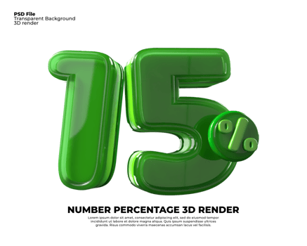 3D number 15 percentage sale discount green plastic png