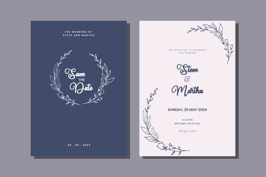 Minimalist double side wedding invitation template with hand drawn leaves and flowers decoration simple style vector