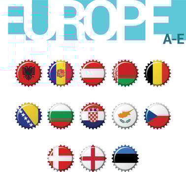 Set of 13 bottlecap flags of Europe. Set 1 of 4. Vector Illustration. Albania, Andorra, Austria, Belarus, Belgium, Bosnia Herzegovina, Bulgaria, Croatia, Cyprus, Czech Rep, Denmark, England, Estonia.
