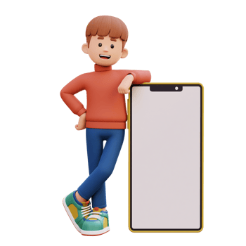 3d male character laying on a big smart phone with empty screen png