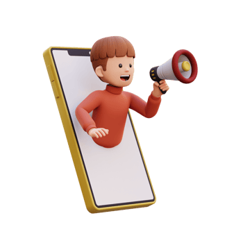 3d male character jumping out from smart phone screen and holding a megaphone png