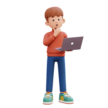 3d male character thinking and working on a laptop png