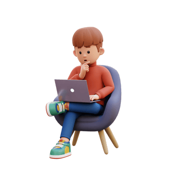 3d male character sitting on a sofa and working on a laptop with thinking pose png