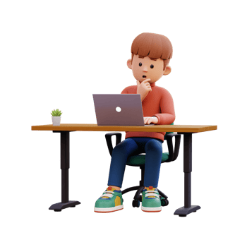 3d male character thinking and working on a laptop png