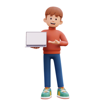 3d male character holding and presenting to a laptop with empty screen png