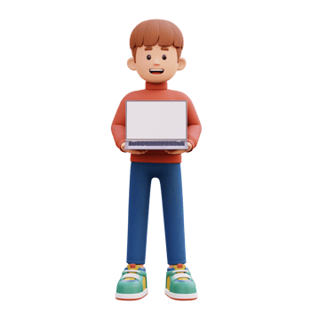 3d male character holding and presenting a laptop with empty screen png
