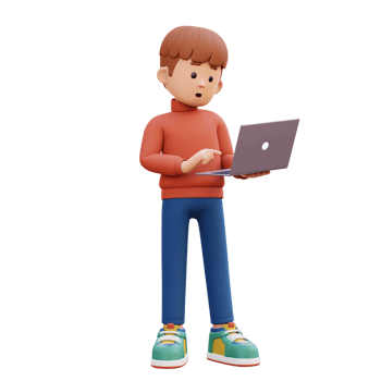 3d male character standing confused working on a laptop png