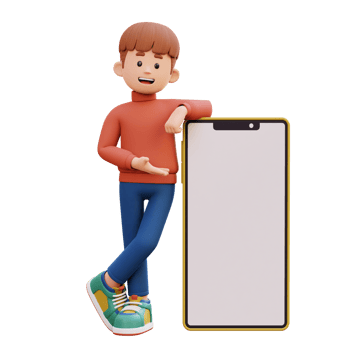 3d male character laying and presenting on a big smart phone with empty screen png