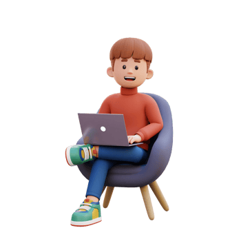 3d male character sitting on a sofa and working on a laptop png