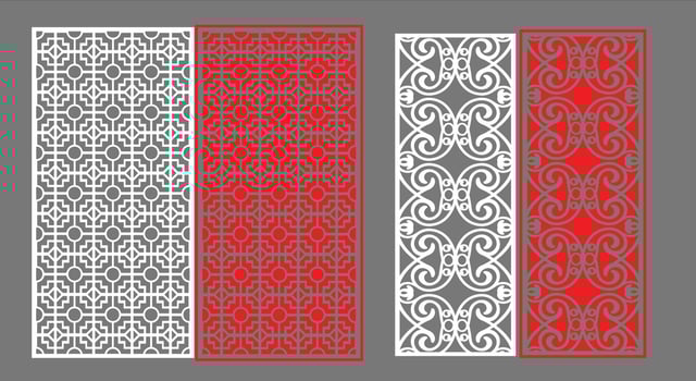 Decorative wall panels set Jali design CNC pattern, laser cutting pattern, router CNCcutting.Jali Laser cut decorative panel set with lace pattern. vector