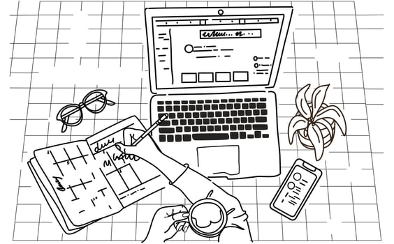 remote work, black and white laptop,book, cell phone, coffee, plant, hand drawn illustration vector
