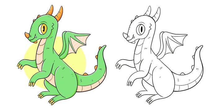 Dragon coloring book with coloring example for kids. Coloring page with dragon. Monochrome and color version. Vector children's illustration.
