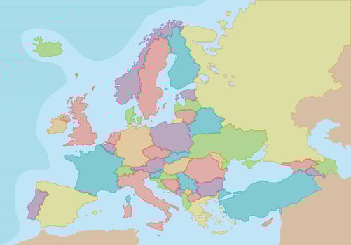 Political map of Europe with colors and borders for each country. Vector illustration.