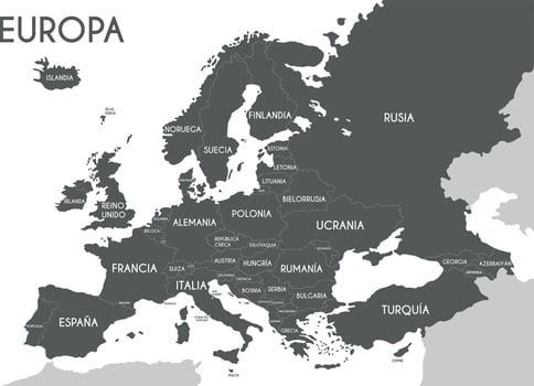 Political map of Europe in gray color with white background and the names of the countries in Spanish. Vector illustration