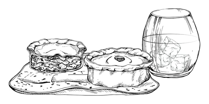 Ink hand drawn vector sketch. Scotland symbol food, scotch pie with minced meat or steak, glass with whisky on rocks. Design for tourism, travel, brochure, guide, print, card, tattoo, restaurant menu.