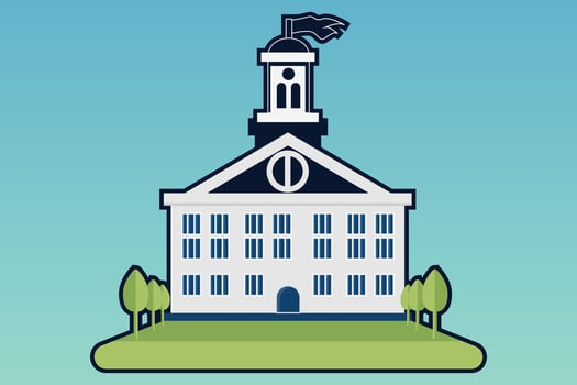 School with a green lawn. Icon. Flat vector illustration isolated on Any color of the background, School building in flat style. Modern school, college building. Vector illustration