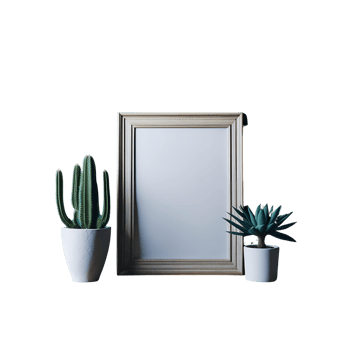 white blank frame with potted plants mockup, Empty blank frame mockup, blank picture frame template, frame mockup on transparent background,  minimalistic frame clipart png