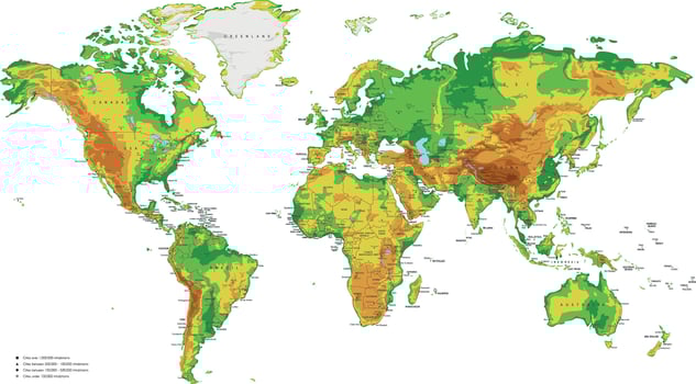 Physical World Map vector illustration with cities, countries and international borders