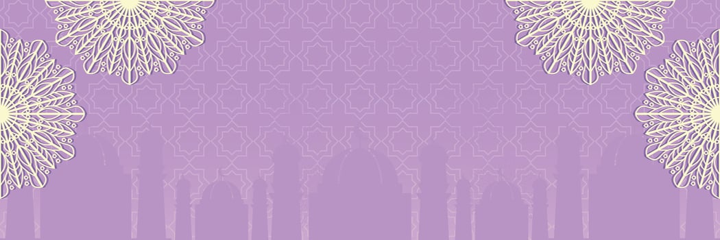 islamic background with mosque silhouette and mandala ornament, vector for banner, greeting card, social media.