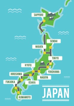 Cartoon vector map of Japan. Travel illustration with japanese main cities.